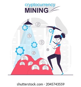 Cryptocurrency mining isolated cartoon concept. Woman earning bitcoins and crypto money, people scene in flat design. Vector illustration for blogging, website, mobile app, promotional materials.