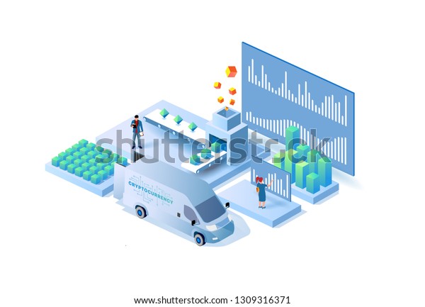 Cryptocurrency mining. Isometric 3d concept\
of cryptocurrency mining. Mining bitcoin machine. 3d people mining\
money. Cryptocurrency and blockchain composition. Isometric 3d\
vector\
illustration