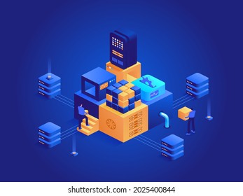 Cryptocurrency mining isometric abstract concept. Digital money mining farm with server rack, blockchain technology, data analysis, financial tools. Vector character illustration in isometry design