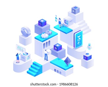 Cryptocurrency mining isometric concept. Blockchain technology, bitcoin mining farm. People working on crypto business, data analysis, financial tools. Vector character illustration in isometry design