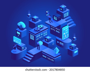 Cryptocurrency mining isometric concept. Blockchain technology, bitcoin mining farm. People working on crypto business, data analysis, financial tools. Vector character illustration in isometry design