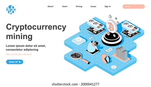 Concepto isométrico de minería de criptodivisa. El hombre gana bitcoines, granja de minería de dinero digital, negocio de criptografía en línea, banner web de isometría plana de línea. Ilustración vectorial en el diseño 3d para la página de aterrizaje