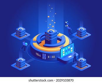 Cryptocurrency mining isometric concept. Team works at digital money mining farm and blockchain technology, financial tools, bitcoin marketplace. Vector character illustration in isometry design