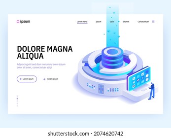 Cryptocurrency mining isometric concept. Team works at digital money mining farm and blockchain technology, financial tools, bitcoin marketplace. Vector character illustration in isometry design