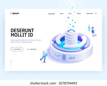 Cryptocurrency mining isometric concept. Team works at digital money mining farm and blockchain technology, financial tools, bitcoin marketplace. Vector character illustration in isometry design