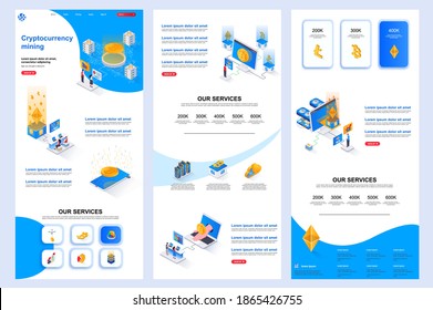 Página de inicio isométrica de minería de criptodivisa. Plataforma de criptodivisa, plantilla de diseño de sitio web corporativo de minería de bitcoin. Banner web con encabezado, contenido medio, pie de página. Isometry vector ilustración.