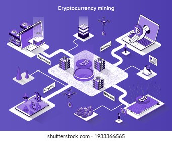 Cryptocurrency mining isometric web banner. Bitcoin mining process 3d scene design. Online payment, digital money, blockchain flat isometry concept. Vector illustration with tiny people characters