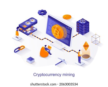 Cryptocurrency mining isometric web concept. People working at laptop or mining farm, earning digital currency. Blockchain technology scene. Vector illustration for website template in 3d design