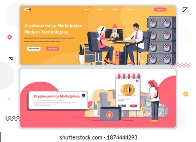 Mining-Landingpages der Kryptowährung eingestellt. Blockchain-Technologie, Krypto Mining Farm Corporate Website. Flache Vektorgrafik mit Menschen. Webkonzept als Header, Fußzeile oder mittleren Inhalt verwenden.