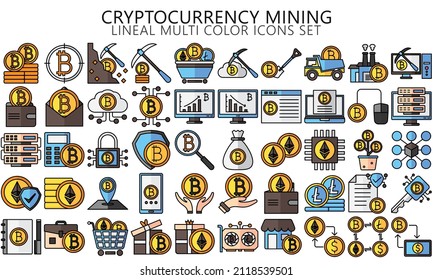 Cryptocurrency mining lineal multi color icon set. bitcoin, ethereum, fintech pictograms for web and mobile app GUI. Blockchain technology simple UI, UX vector icons, EPS 10 ready convert to SVG svg