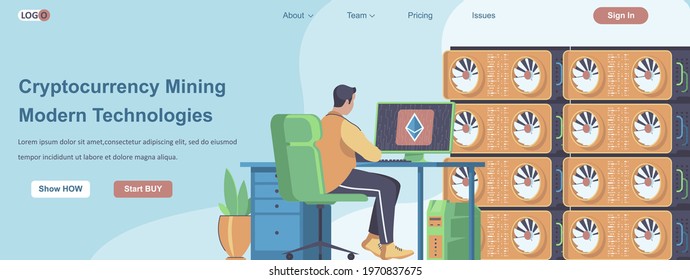 Cryptocurrency Mining Modern Technologies web banner concept. Mining farm for processing payment system transactions landing page template. Vector illustration with people characters in flat design