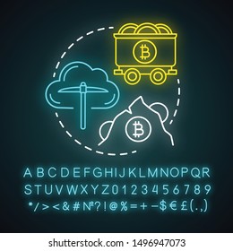 Cryptocurrency mining neon light concept icon. Electronic money idea. Cryptomining, blockchain. Digital currency transaction. Glowing sign with alphabet, numbers, symbols. Vector isolated illustration