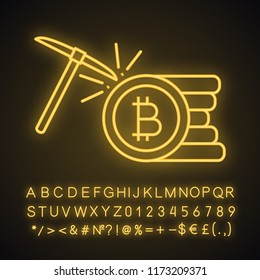 Cryptocurrency mining neon light icon. Bitcoin crypto mining. Cryptocurrency business. Bitcoin coins stack with pickaxe. Glowing sign with alphabet, numbers and symbols. Vector isolated illustration