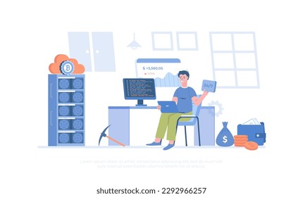 Mina de criptodivisa. С creando nueva moneda criptográfica utilizando racks de servidores. Tecnología Blockchain, granja de minería. Dibujo moderno vectorial plano para banner, diseño de sitio web, página de inicio.	
