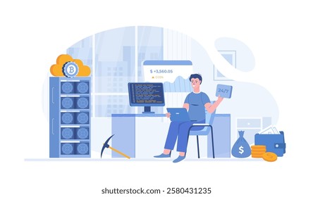 Cryptocurrency mining. Сreating new crypto coin using server racks. Blockchain technology, mining farm. Vector illustration with characters in flat design for web banner.	