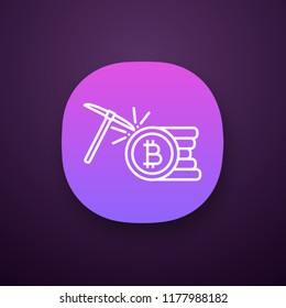 Cryptocurrency mining service app icon. UI/UX user interface. Bitcoin crypto mining. Cryptocurrency business. Bitcoin coins stack with pickaxe. Web or mobile application. Vector isolated illustration