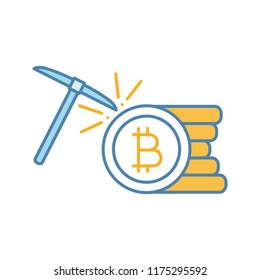 Cryptocurrency mining service color icon. Bitcoin crypto mining. Cryptocurrency business. Bitcoin coins stack with pickaxe. Isolated vector illustration
