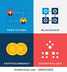 Cryptocurrency Mining Set. Bitcoin Etherium Cryptocurrensy. Decentralized Bitcoin Blockchain. Peer To Peer Payment Process. Flat Vector Illustration Set In Crypto Theme