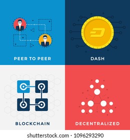 Cryptocurrency Mining Set. DASH Cryptocurrency. Blockchain. Decentralized Bitcoin Blockchain. Peer to Peer Payment Process. Flat Vector Illustration Set in Crypto Theme