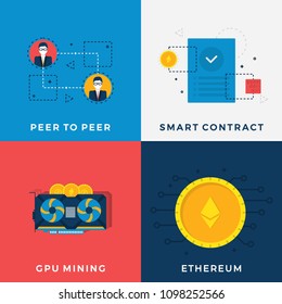 Cryptocurrency Mining Set. Ethereum Cryptocurrency. Ethereum Smart Contract. GPU Mining Vector Concept. Peer To Peer Payment Process. Flat Vector Illustration Set In Crypto Theme