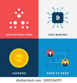 Cryptocurrency Mining Set. Monero Cryptocurrency. XMR. CPU Mining Computer Processor Mining. Decentralized Bitcoin Blockchain. Peer to Peer Payment Process Flat Vector Illustration Set in Crypto Theme