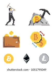 Cryptocurrency mining set. Pixel art game vector illustration.