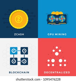 Cryptocurrency Mining Set. Zcash  Cryptocurrency. Blockchain. Decentralized Bitcoin Blockchain. GPU Mining Vector Concept. Flat Vector Illustration Set in Crypto Theme