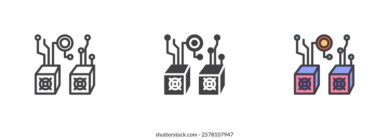 Cryptocurrency Mining Setup different style icon set. Line, glyph and filled outline colorful version, outline and filled vector sign. Symbol, logo illustration. Vector graphics