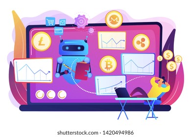 Cryptocurrency mining software, artificial intelligence for e business. Crypto trading bot, automated AI tradings, best bitcoin trading bot concept. Bright vibrant violet vector isolated illustration