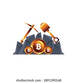 Cryptocurrency Mining Tool Golden Shovel, Pickaxe illustration vector template for poster, web banner, flyer, digital art, bitcoin app wallet