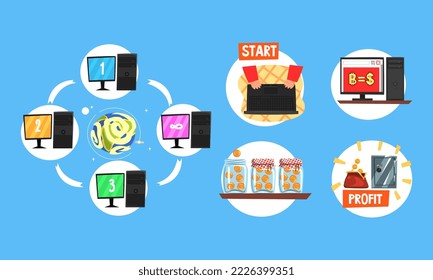 Cryptocurrency mining and trading. Blockchain technology vector illustration