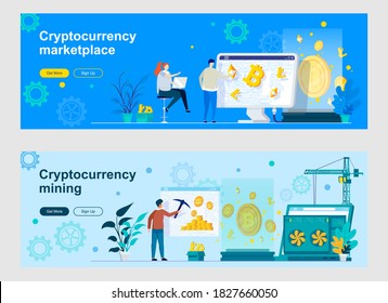 Cryptocurrency mining and trading landing page with people characters. Cryptography and blockchain fintech web banners set. Cryptocurrency marketplace vector illustration great for social media cover.