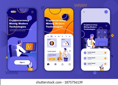 Cryptocurrency mining unique design kit for social networks stories. Blockchain mining technology mobile screen templates for app. UI UX layouts vector illustration. GUI set with people characters.