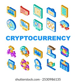 cryptocurrency mining wallet icons set vector. blockchain hashrate, gpu decentralized, consensus, proof, network, transaction cryptocurrency mining wallet isometric sign illustrations