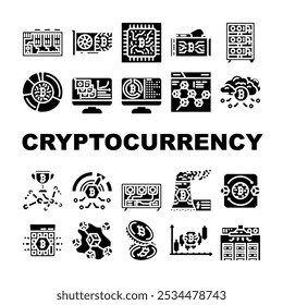 cryptocurrency mining wallet icons set vector. blockchain hashrate, gpu decentralized, consensus, proof, network, transaction cryptocurrency mining wallet glyph pictogram Illustrations