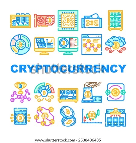 cryptocurrency mining wallet icons set vector. blockchain hashrate, gpu decentralized, consensus, proof, network, transaction cryptocurrency mining wallet color line illustrations