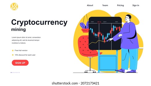 Cryptocurrency mining web banner concept. Man makes crypto money, analyzes candlestick stock chart, blockchain technology landing page template. Vector illustration with people scene in flat design