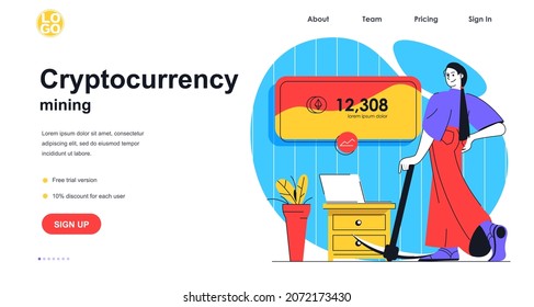 Concepto de banner web de minería de criptografía. Mujer con bitcoines ganadores, hace cripto dinero, tecnología de blockchain plantilla de página de inicio. Ilustración de vectores con escenas de personas en diseño plano