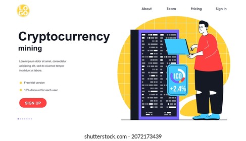 Cryptocurrency mining web banner concept. Man makes bitcoin crypto money using farm with server racks, blockchain technology landing page template. Vector illustration with people scene in flat design