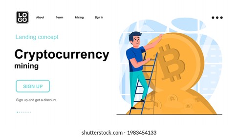 Cryptowährung Mining Web-Konzept. Geschäftsmann neben riesiger Münze, finanzieller Erfolg, Gewinnwachstum. Vorlage von Menschen Szenen. Vektorgrafik mit Zeichenaktivitäten in flachem Design für Website