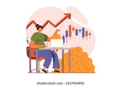 Cryptocurrency mining web concept in flat design. Woman is engaged in bitcoin mining, buys and sells crypto money on exchange, analyzes data and increases income. Vector illustration with people scene