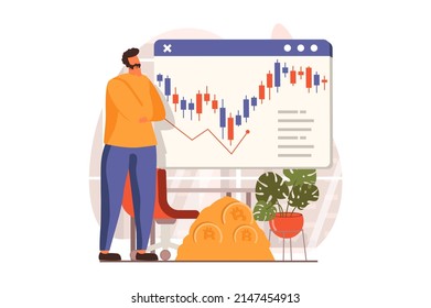 Cryptocurrency mining web concept in flat design. Man analyzes financial statistics of crypto money on exchange, buys and sells currency, invests in bitcoins. Vector illustration with people scene