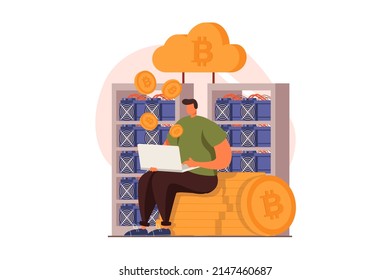 Concepto web de minería de criptodivisa en diseño plano. El hombre trabaja para laptop en su propia granja de minería, inversión, ganando bitcoines a cambio y aumentando los ingresos. Ilustración vectorial con escena de personas