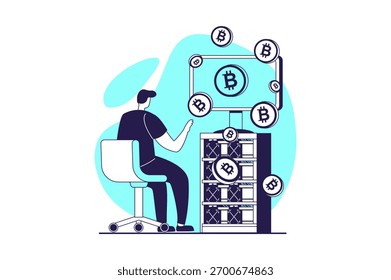 Criptomoeda conceito web de mineração com pessoas planas para o projeto do site. Homem que trabalha em cripto farm, fazendo dinheiro digital e extraindo moedas para o comércio em ações virtuais. Ilustração vetorial.