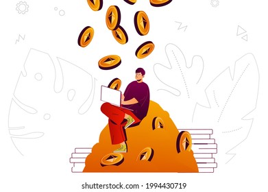 Cryptocurrency mining web concept. Man increases bitcoins profit, digital money. People scene with flat line characters design for website. Vector illustration for social media promotional materials