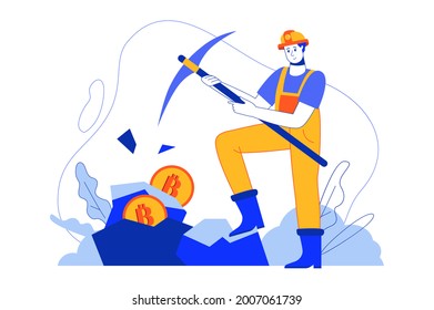 Cryptocurrency mining web concept. Miner earns bitcoins. Blockchain and digital money technologies. Vector illustration in minimal flat design for blog, app design, onboarding screen, social media
