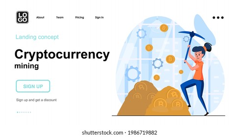 Cryptowährung Mining Web-Konzept. Frauen sammeln Kryptomünzen. Blockchain-Technologie, Finanzinstrumente. Vorlage der Menschen Szene. Vektorgrafik mit Zeichenaktivitäten in flachem Design für Website
