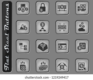 Cryptocurrency and mining web icons on the flat steel buttons