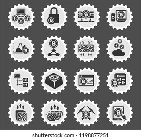 Cryptocurrency and mining web icons stylized postage stamp for user interface design