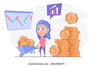 Cryptocurrency mining. A woman pulls a cart with cryptocurrency.